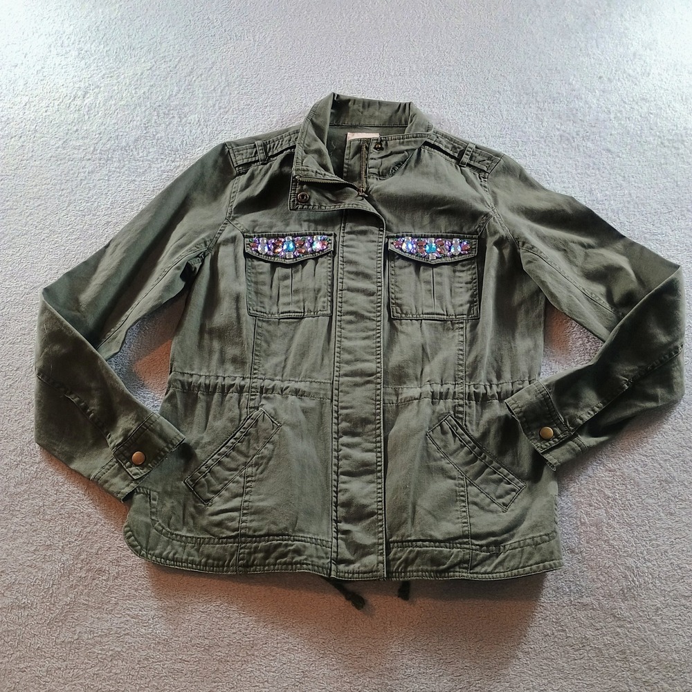 Candie's Womens Utility Jacket Olive Green Medium Jewel Embellished Cargo